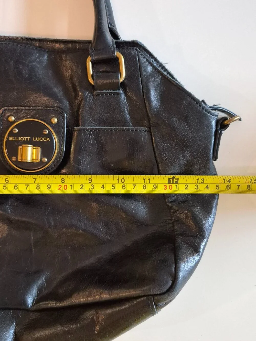 Elliott Lucca Black Genuine Leather Satchel Gold Turn Lock Handbag Purse